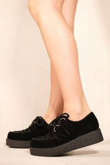 ARLENE FLATFORM CREEPER SHOES WITH LACE UP IN BLACK FAUX SUEDE