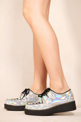 ARLENE FLATFORM CREEPER SHOES WITH LACE UP IN SILVER HOLOGRAM
