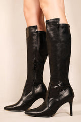 MARTA POINTED TOE CALF HIGH BOOTS WITH SIDE ZIP IN BLACK FAUX LEATHER