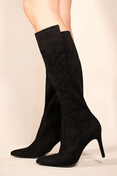 MARTA POINTED TOE CALF HIGH BOOTS WITH SIDE ZIP IN BLACK FAUX SUEDE