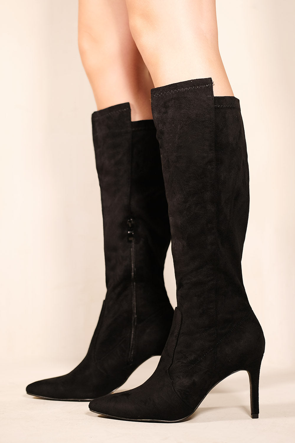 MARTA POINTED TOE CALF HIGH BOOTS WITH SIDE ZIP IN BLACK FAUX SUEDE