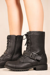 MAHALIE LOW HEEL ANKLE BOOTS WITH LACE UP & ZIP IN BLACK FAUX LEATHER