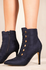 BLYTHE POINTED TOE MID HEEL ANKLE BOOTS WITH GOLD BUTTONS IN NAVY BLUE FAUX SUEDE