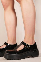 AMELIE CHUNKY SOLE MARY JANE SHOES WITH T-STRAP BUCKLE IN BLACK PATENT FAUX LEATHER