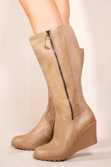 LARA WEDGE HEEL MID CALF HIGH BOOTS WITH SIDE ZIP IN KHAKI FAUX LEATHER