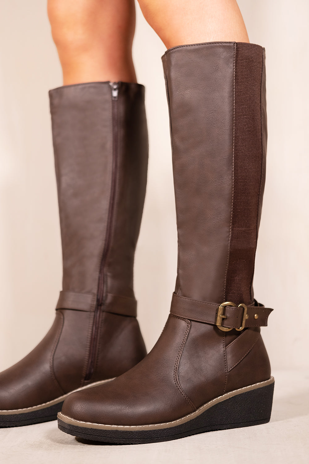 AYLEEN WEDGE HEEL KNEE HIGH BOOTS WITH ELASTIC PANEL IN BROWN FAUX LEATHER