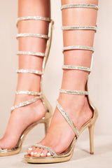 STRAPPY GLADIATOR HIGH HEEL SANDALS WITH DIAMANTE DETAIL IN GOLD METALLIC