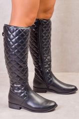 CLOUD QUILTED CALF BOOTS WITH DIAMOND DETAILING IN BLACK FAUX LEATHER