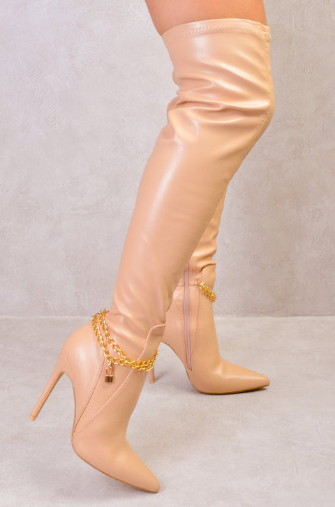 ALICE OVER THE KNEE HIGH HEEL BOOT IN NUDE FAUX LEATHER