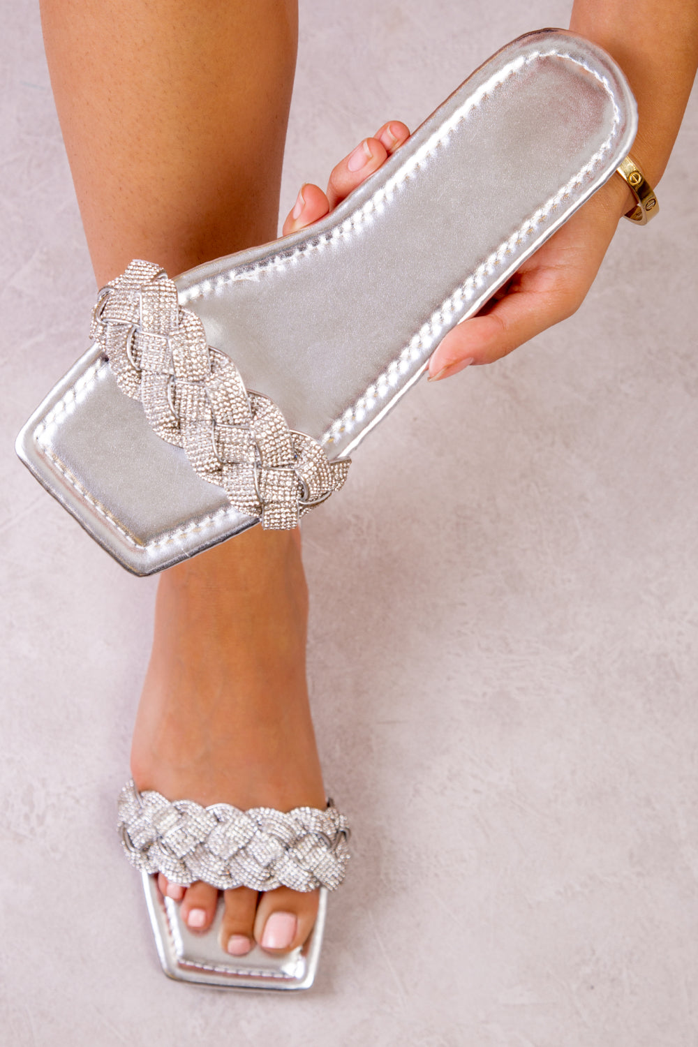 POP BRAIDED DIAMANTE SLIDERS WITH SQUARE TOE IN SILVER METALLIC