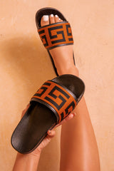 JASMINE MONOGRAM STRAP SLIDERS IN BLACK FAUX LEATHER