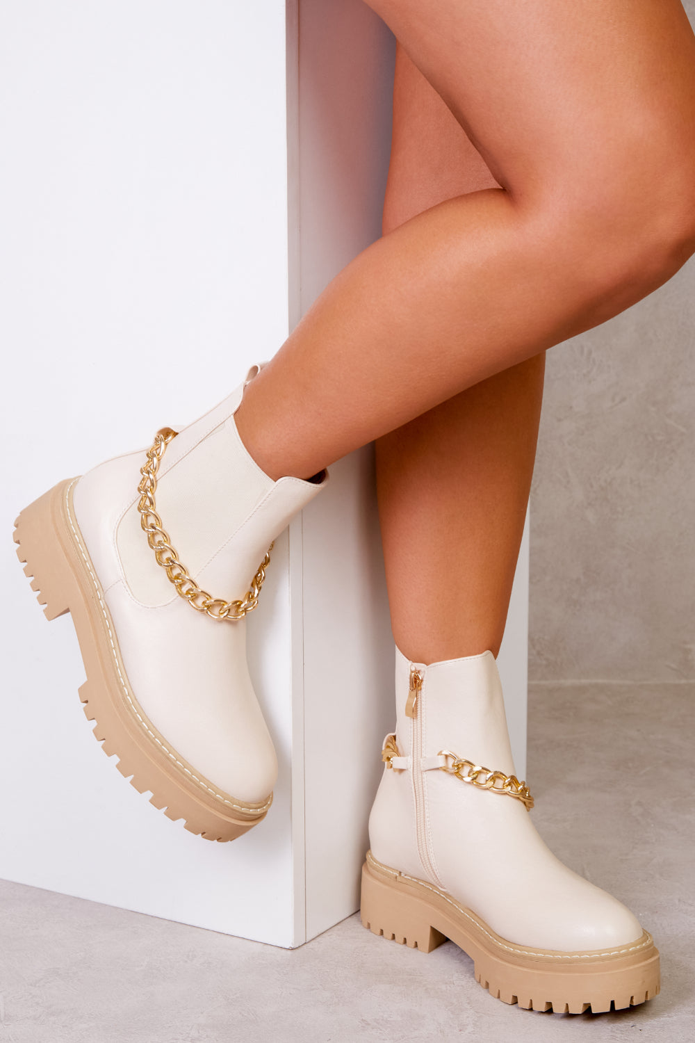 CASSANDRA PU CHUNKY CHELSEA ANKLE BOOTS WITH A DRIP CHAIN IN IVORY CREAM FAUX LEATHER