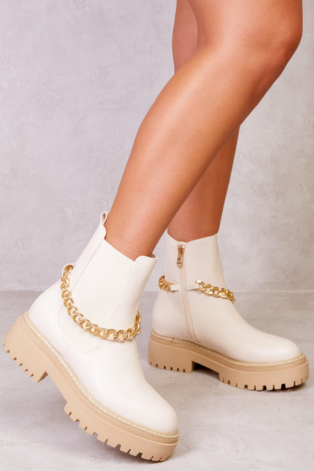 CASSANDRA PU CHUNKY CHELSEA ANKLE BOOTS WITH A DRIP CHAIN IN IVORY CREAM FAUX LEATHER