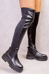 ELENA CHUNKY OVER THE KNEE STRECH BOOT IN BLACK FAUX LEATHER