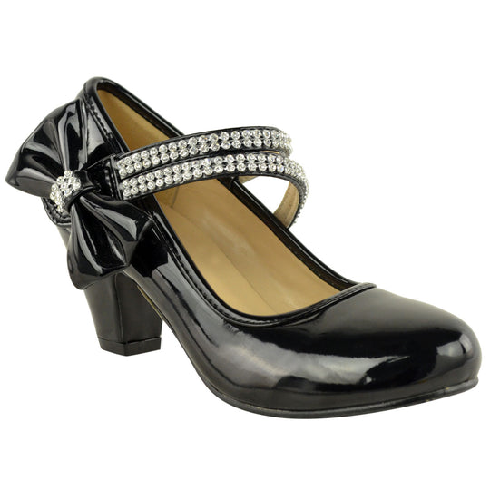 ADLA KIDS MID HIGH HEEL COURT SHOES WITH DOUBLE DIAMANTE STRAP IN BLACK PATENT FAUX LEATHER