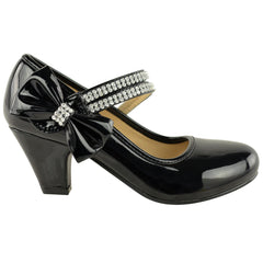 ADLA KIDS MID HIGH HEEL COURT SHOES WITH DOUBLE DIAMANTE STRAP IN BLACK PATENT FAUX LEATHER