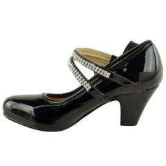 ADLA KIDS MID HIGH HEEL COURT SHOES WITH DOUBLE DIAMANTE STRAP IN BLACK PATENT FAUX LEATHER