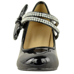 ADLA KIDS MID HIGH HEEL COURT SHOES WITH DOUBLE DIAMANTE STRAP IN BLACK PATENT FAUX LEATHER