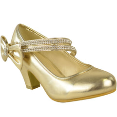 ADLA KIDS MID HIGH HEEL COURT SHOES WITH DOUBLE DIAMANTE STRAP IN GOLD METALLIC