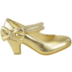 ADLA KIDS MID HIGH HEEL COURT SHOES WITH DOUBLE DIAMANTE STRAP IN GOLD METALLIC