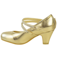ADLA KIDS MID HIGH HEEL COURT SHOES WITH DOUBLE DIAMANTE STRAP IN GOLD METALLIC