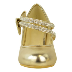 ADLA KIDS MID HIGH HEEL COURT SHOES WITH DOUBLE DIAMANTE STRAP IN GOLD METALLIC