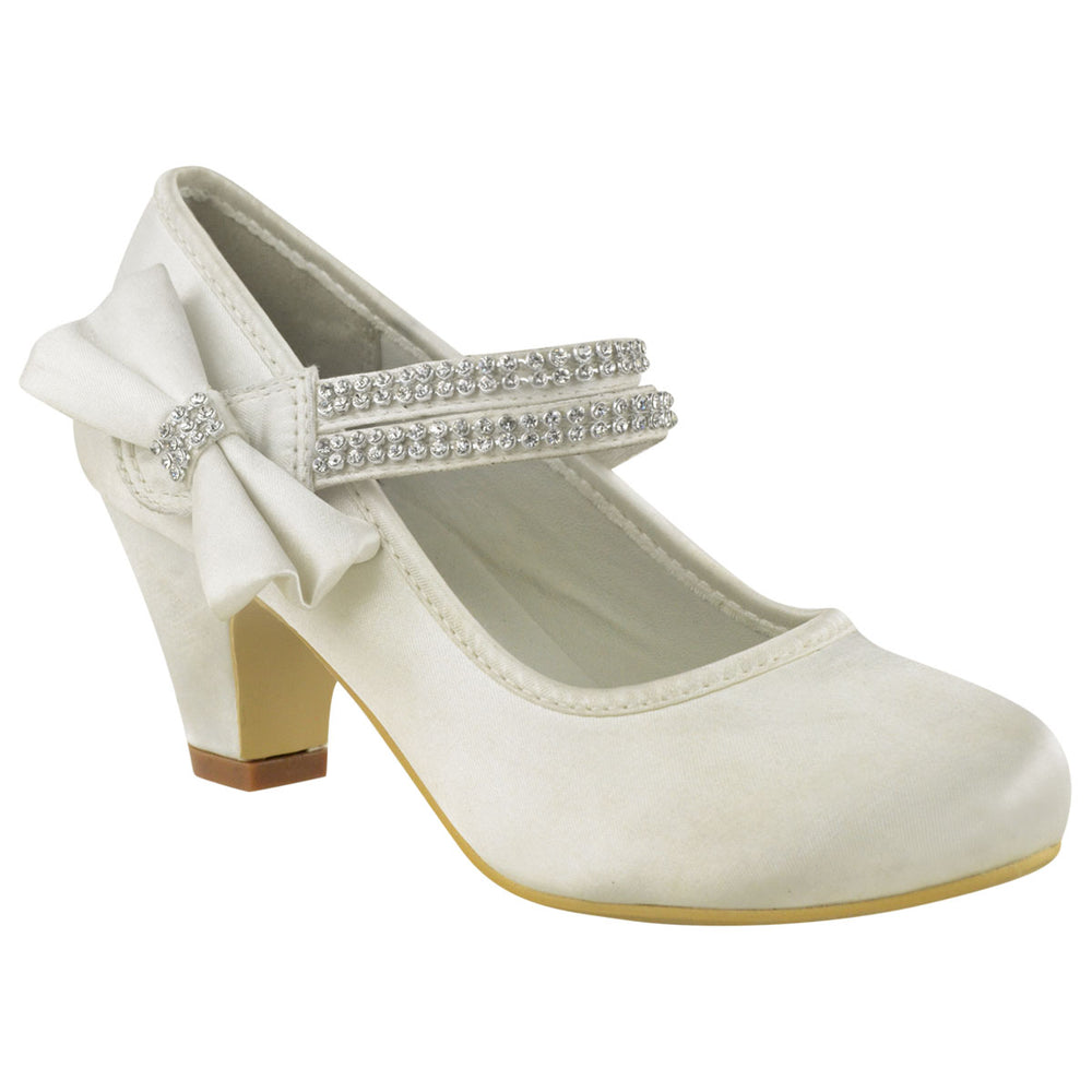 ADLA KIDS MID HIGH HEEL COURT SHOES WITH DOUBLE DIAMANTE STRAP IN OFF WHITE SILK