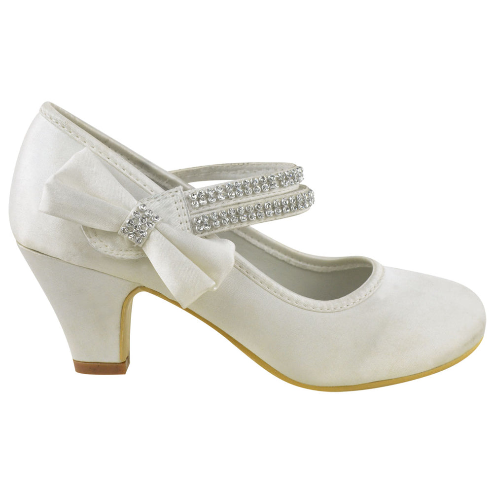 ADLA KIDS MID HIGH HEEL COURT SHOES WITH DOUBLE DIAMANTE STRAP IN OFF WHITE SILK