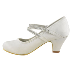 ADLA KIDS MID HIGH HEEL COURT SHOES WITH DOUBLE DIAMANTE STRAP IN OFF WHITE SILK