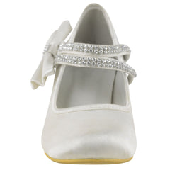 ADLA KIDS MID HIGH HEEL COURT SHOES WITH DOUBLE DIAMANTE STRAP IN OFF WHITE SILK