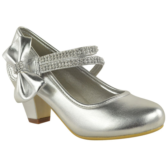 ADLA KIDS MID HIGH HEEL COURT SHOES WITH DOUBLE DIAMANTE STRAP IN SILVER METALLIC