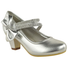 ADLA KIDS MID HIGH HEEL COURT SHOES WITH DOUBLE DIAMANTE STRAP IN SILVER METALLIC
