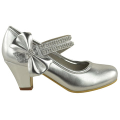 ADLA KIDS MID HIGH HEEL COURT SHOES WITH DOUBLE DIAMANTE STRAP IN SILVER METALLIC