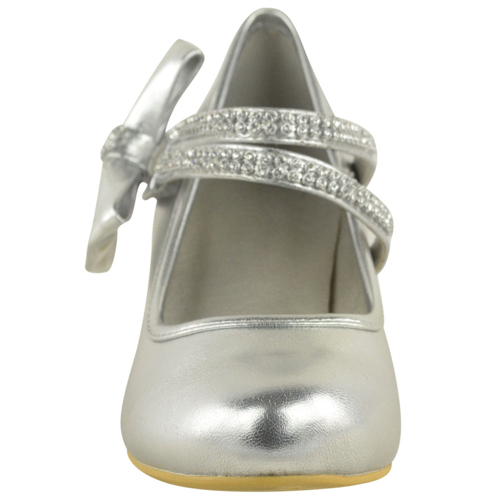 ADLA KIDS MID HIGH HEEL COURT SHOES WITH DOUBLE DIAMANTE STRAP IN SILVER METALLIC