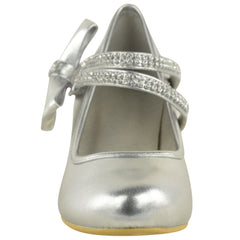 ADLA KIDS MID HIGH HEEL COURT SHOES WITH DOUBLE DIAMANTE STRAP IN SILVER METALLIC
