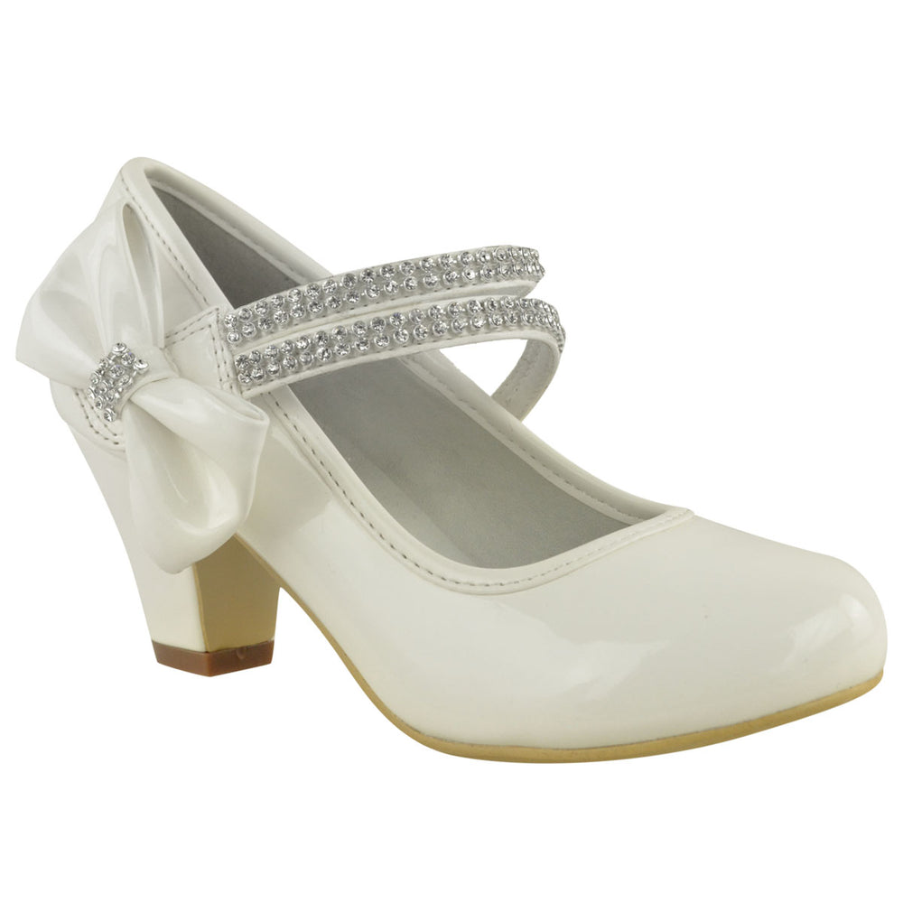 ADLA KIDS MID HIGH HEEL COURT SHOES WITH DOUBLE DIAMANTE STRAP IN WHITE PATENT FAUX LEATHER