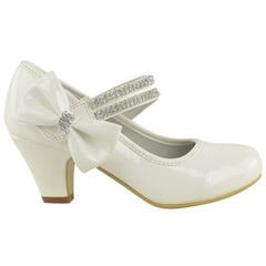ADLA KIDS MID HIGH HEEL COURT SHOES WITH DOUBLE DIAMANTE STRAP IN WHITE PATENT FAUX LEATHER