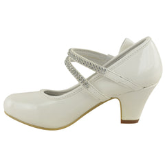 ADLA KIDS MID HIGH HEEL COURT SHOES WITH DOUBLE DIAMANTE STRAP IN WHITE PATENT FAUX LEATHER