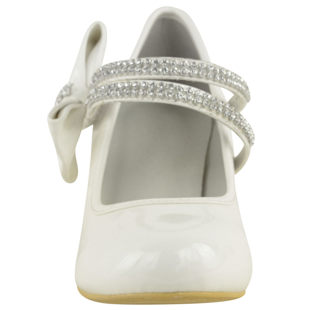ADLA KIDS MID HIGH HEEL COURT SHOES WITH DOUBLE DIAMANTE STRAP IN WHITE PATENT FAUX LEATHER
