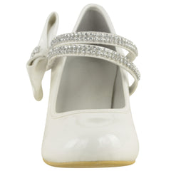 ADLA KIDS MID HIGH HEEL COURT SHOES WITH DOUBLE DIAMANTE STRAP IN WHITE PATENT FAUX LEATHER