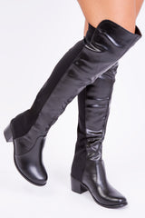 BRITTA THIGH HIGH MID HEELED BOOTS IN BLACK FAUX LEATHER