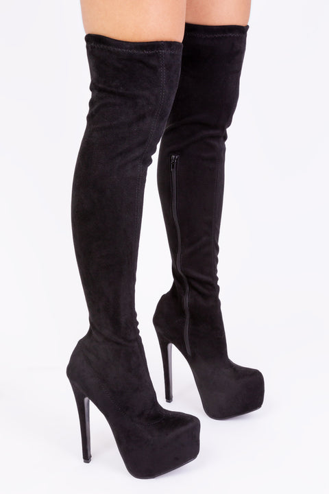 BRINLEY HIGH HEEL OVER THE KNEE BOOTS IN BLACK SUEDE