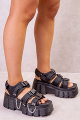 MAINSTAGE NYLON AND MESH TACTICAL FLATFORM SANDALS IN BLACK FAUX LEATHER