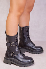 ARYA BUCKLE LACE UP CHUNKY ANKLE BOOT IN BLACK FAUX LEATHER