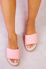 ESPADRILLE FLAT MULES WITH ZIG ZAG STITCH DETAILS IN PINK FAUX LEATHER