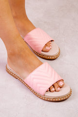 ESPADRILLE FLAT MULES WITH ZIG ZAG STITCH DETAILS IN PINK FAUX LEATHER