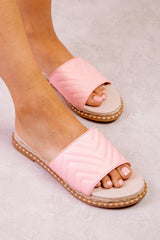 CARMELLA ESPADRILLE FLAT MULES WITH ZIG ZAG STITCH DETAILS IN PINK FAUX LEATHER