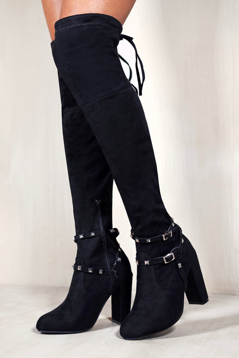 DIANE HIGH HEEL OVER THE KNEE BOOT WITH LACE UP & STUD DETAIL IN BLACK SUEDE