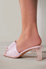 ARIYAH PERSPEX BLOCK HEELED MULES IN BLUSH PINK PATENT FAUX LEATHER