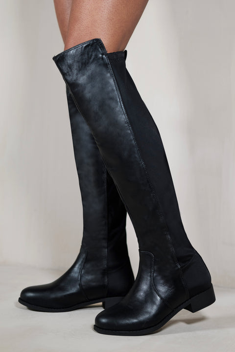 DIEM OVER THE KNEE PULL ON BOOTS WITH LOW HEEL IN BLACK FAUX LEATHER